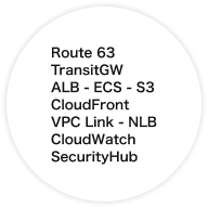 Route 63,TransitGW,ALB - ECS - S3,CloudFront,VPC Link - NLB,CloudWatch,SecurityHub
